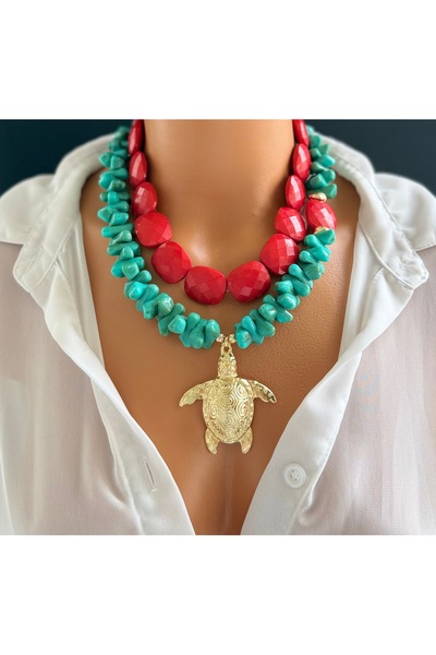 Limi Design Women's Turquoise and Coral Color Double Necklace Set - Bohemian ...