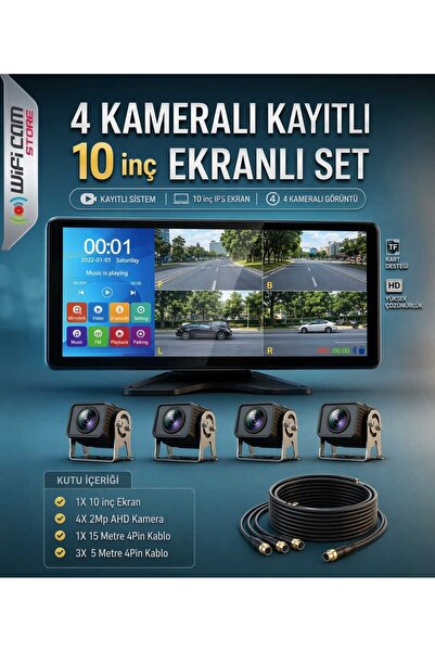 WİFİCAM 10 İnç AHD 4 Kameralı Dokunmatik Kayıtlı Arac Kamera Seti