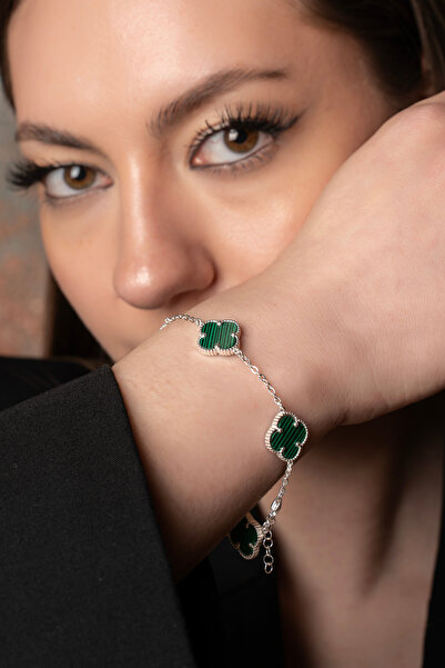 LUNAERA JEWELRY 925 Ayar Gümüş Yeşil Taşlı Dört Yapraklı Yonca Bileklik – Min...