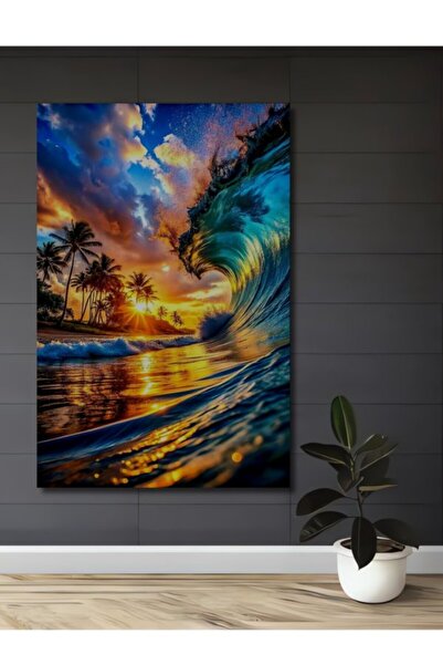 Teona Ahşap Τροπικό ηλιοβασίλεμα, ξύλινο διακοσμητικό τραπέζι με ελαιογραφία,...