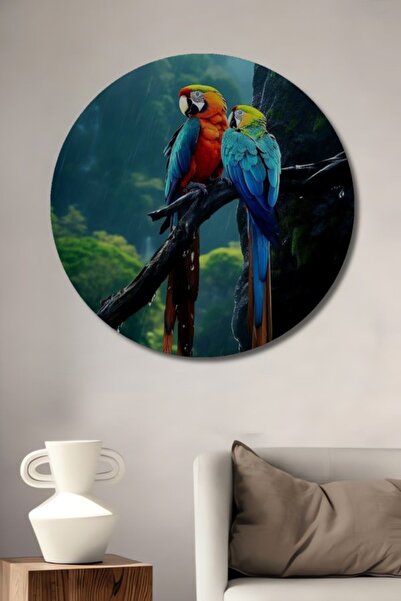 Teona Ahşap Στρογγυλό Ξύλινο Διακοσμητικό Τραπέζι με Ελαιογραφία Πολύχρωμων Π...