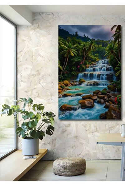 Teona Ahşap Τροπικός Καταρράκτης Ελαιογραφία με Ξύλινη Διακοσμητική Βάση για ...