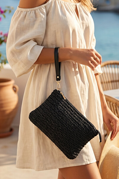 VivazzaLuxe Doğal Hasır Örme Orta Boy Kadın Yazlık Portföy Clutch Çanta