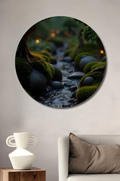 Teona Ahşap Στρογγυλό Ξύλινο Διακοσμητικό Τραπέζι με Ελαιογραφία σε Στυλ Μυστ...