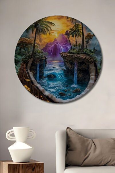 Teona Ahşap Στρογγυλός πίνακας με ξύλινη βάση με ελαιογραφία με θέμα το τροπι...