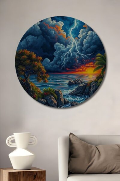 Teona Ahşap Στρογγυλό διακοσμητικό ξύλινο τραπέζι με ελαιογραφία με θέμα το α...