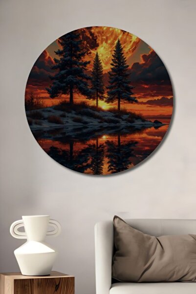 Teona Ahşap Στρογγυλό Ξύλινο Διακοσμητικό Τραπέζι με Ελαιογραφία Τοπίου με Φε...