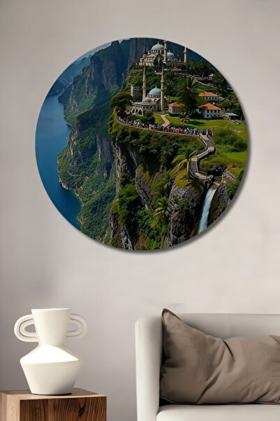 Teona Ahşap Στρογγυλό Ξύλινο Διακοσμητικό Τραπέζι με Ακουαρέλα Αιχμαλωτίωσης ...