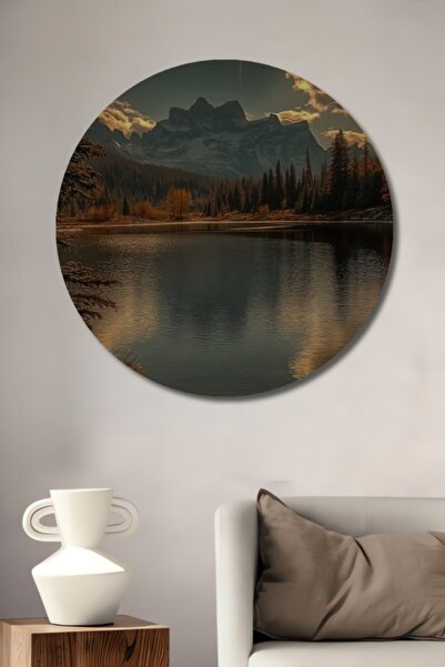 Teona Ahşap Στρογγυλό Ξύλινο Διακοσμητικό Τραπέζι με Ακουαρέλα Ορεινού Τοπίου...