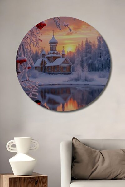 Teona Ahşap Στρογγυλό Ξύλινο Διακοσμητικό Τραπέζι με θέμα το Χειμερινό Παραμύ...