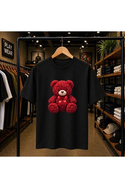 playwear Rose Bear Chest Printed 100% Cotton Oversize Loose Regular Fit Crew ...