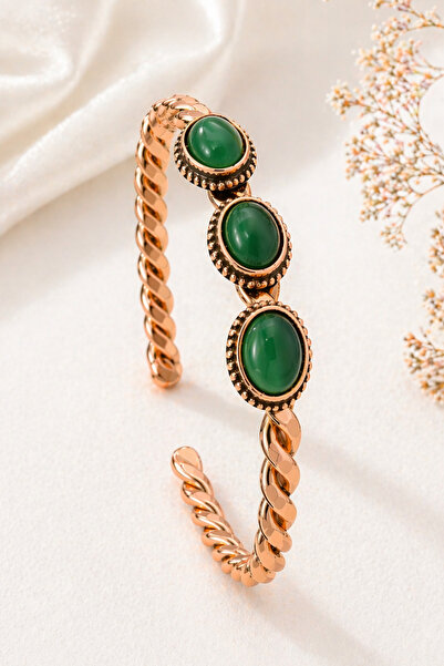 İyyaKee Three Rows of Green Agate Stone Copper Bracelet for Women, Authentic ...