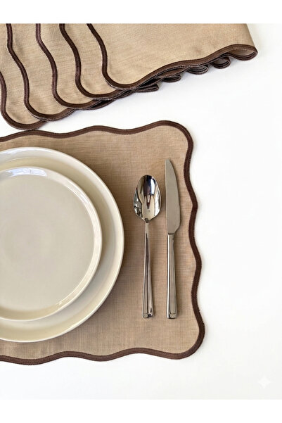 NURHAN HOME COLLECTION 6 Adet Pera Dalgalı Serisi Kahverengi Nakışlı Cappuccino Renk Keten Amerikan Servis, Supla