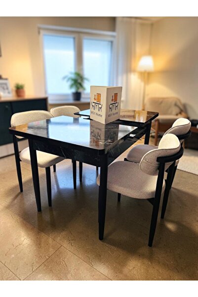 MSY HOME 4 Kişilik Lina Beyaz Kumaş 80*130 Siyah Mermer Açılır Masa Sandalye ...