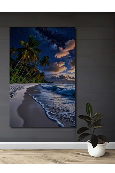 Teona Ahşap Τροπική Νυχτερινή Ακτή, Ξύλινο Διακοσμητικό Τραπέζι με Ελαιογραφί...