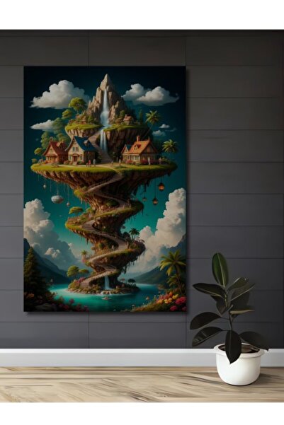 Teona Ahşap Flying Island Waterfall Houses Oil Painting Look Like Woodwork De...