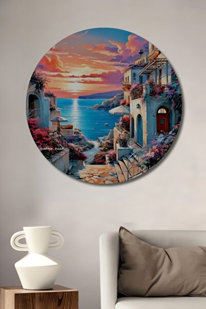 Teona Ahşap Στρογγυλό Μεσογειακό Σκηνικό με Ηλιοβασίλεμα, Παστέλ Ζωγραφική, Σ...