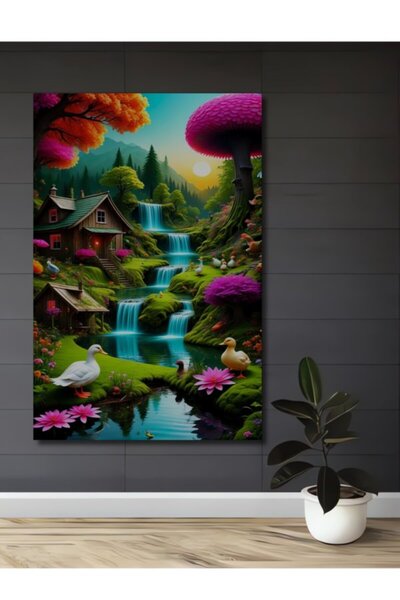 Teona Ahşap Διακοσμητικό Ξύλινο Πίνακα με Εφέ Ακουαρέλας: Σπίτια και Πάπιες μ...