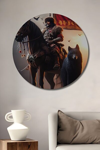 Teona Ahşap Στρογγυλός Τουρκικός πολεμιστής με άλογο, λύκο και σημαία, ξύλινο...