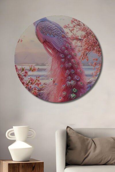 Teona Ahşap Στρογγυλό Ροζ Τριχωτό Έργο Τέχνης Ονειρικού Παγώνιου Ξύλινο Διακο...