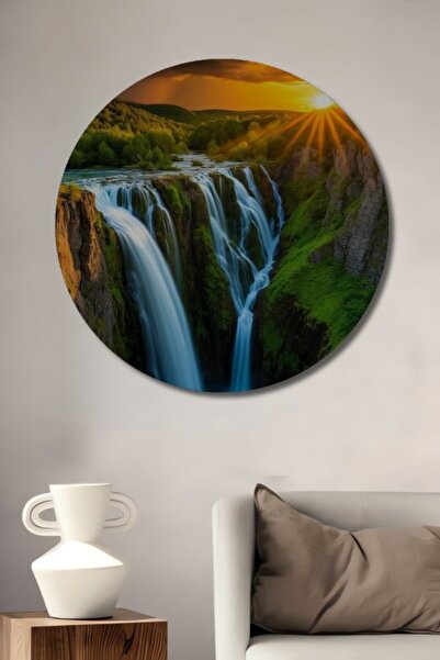 Teona Ahşap Στρογγυλό Ξύλινο Διακοσμητικό Τραπέζι με Στοιχεντικό Τοπίο Καταρρ...