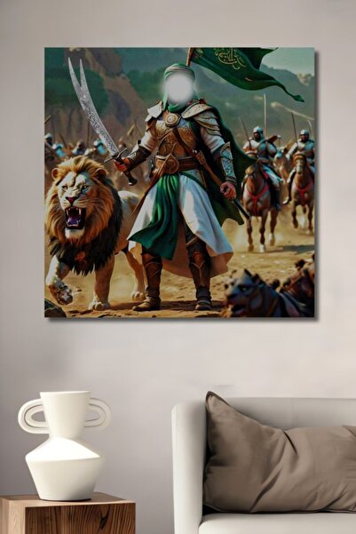 Teona Ahşap Ξύλινο διακοσμητικό τραπέζι με ελαιογραφία με φιγούρες λιονταριών...