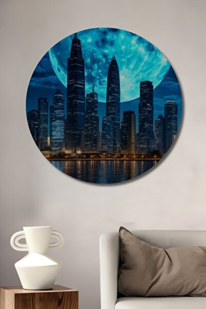 Teona Ahşap Στρογγυλό Μπλε Τοπίο Πόλης στο Φως του Σελήνη Ξύλινο Διακοσμητικό...