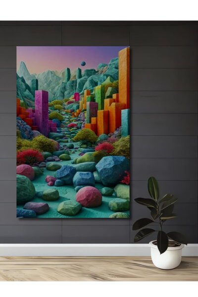 Teona Ahşap Πολύχρωμο Ξύλινο Διακοσμητικό Τραπέζι με Σκηνικό Πόλης και Βράχων...