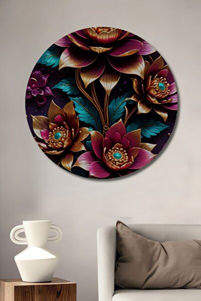 Teona Ahşap Στρογγυλό Ξύλινο Διακοσμητικό Τραπέζι με Χρυσόφυλλα Μωβ Λουλούδια...