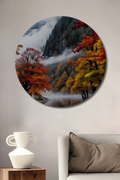 Teona Ahşap Στρογγυλό Ξύλινο Διακοσμητικό Πίνακα με Μαγικό Φθινοπωρινό Τοπίο ...