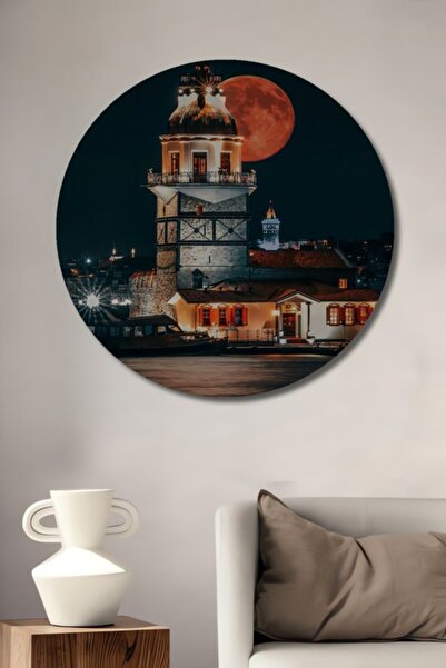 Teona Ahşap Στρογγυλό Ξύλινο Διακοσμητικό Τραπέζι με Ελαιογραφία σε Στυλ Πύργ...