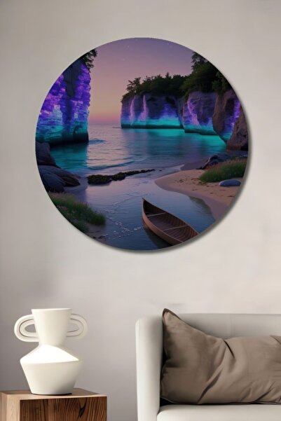 Teona Ahşap Στρογγυλό Ξύλινο Διακοσμητικό Πίνακα με Μαγικό Τοπίο Ηλιοβασιλέμα...