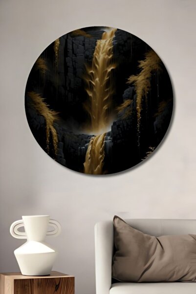 Teona Ahşap Στρογγυλό Χρυσό Τοπίο Καταρράκτη με Ελαιογραφία, Διακοσμητικό Ξύλ...