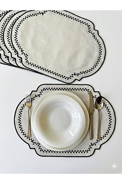 NURHAN HOME COLLECTION 6 τεμάχια μαύρο καρό κεντημένο εκρού λινό σερβίτσιο αμ...