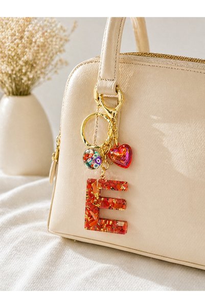 Agatella Tasarım Red Agate Stone Letter E Keychain – Stylish Resin Bag and Wallet Accessory