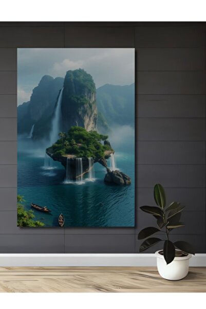 Teona Ahşap Παραθαλάσσιο τοπίο με καταρράκτη στην ιπτάμενη νησίδα, με εφέ ακο...