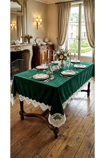 DAHABELLA LUXE HOME Luxe Parlak Kadife Masa Örtüsü - Fransız Güpürlü Dantel D...