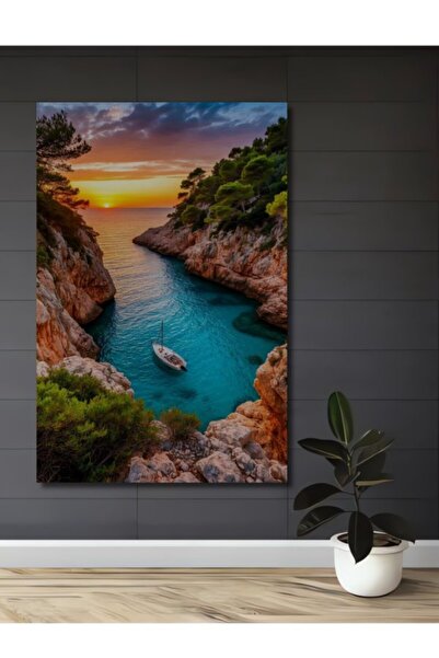 Teona Ahşap Ξύλινο Διακοσμητικό Πίνακα με θέμα Ηλιοβασίλεμα και Ήρεμο Ιστιοπλ...