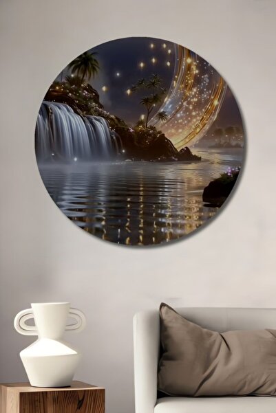 Teona Ahşap Στρογγυλό Μαγικό Τοπίο με Φεγγάρι και Καταρράκτη, Διακοσμητικό Ξύ...