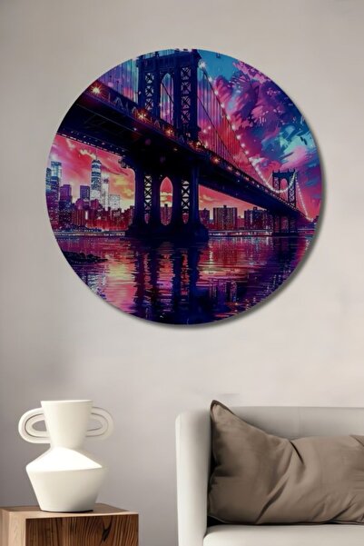 Teona Ahşap Στρογγυλό Ξύλινο Διακοσμητικό Τραπέζι με Ελαιογραφία σε στυλ Γέφυ...