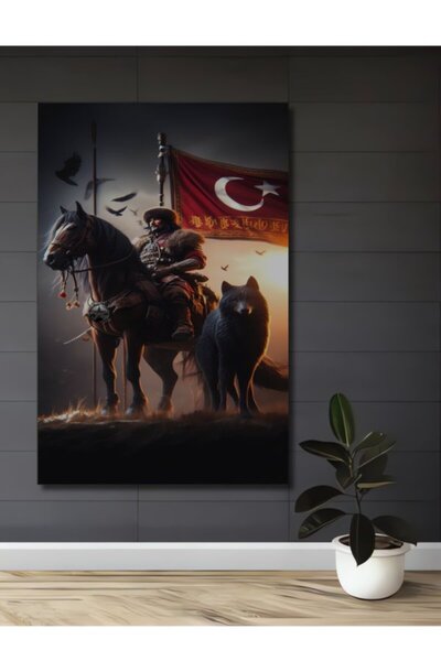 Teona Ahşap Τουρκικός πολεμιστής σε άλογο με λύκο και σημαία, ξύλινο διακοσμη...