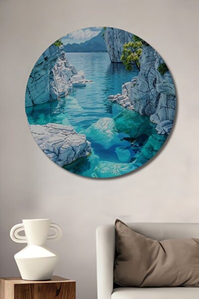 Teona Ahşap Στρογγυλό Ξύλινο Διακοσμητικό Τραπέζι με Τιρκουάζ Νερά του Μυστηρ...