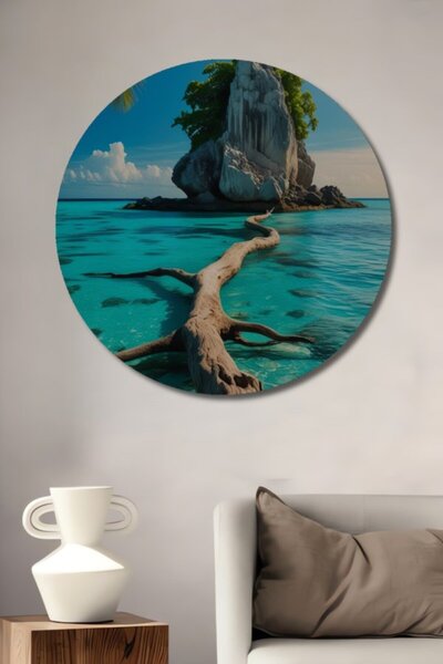 Teona Ahşap Στρογγυλό Ξύλινο Διακοσμητικό Πίνακα με Θέμα τον Τροπικό Παράδεισ...