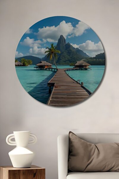 Teona Ahşap Στρογγυλό Ξύλινο Διακοσμητικό Τραπέζι με Θέμα τον Τροπικό Παράδει...