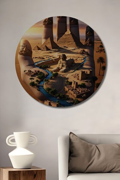 Teona Ahşap Στρογγυλό Ξύλινο Διακοσμητικό Τραπέζι με Μυθικές Αιγυπτιακές Πυρα...