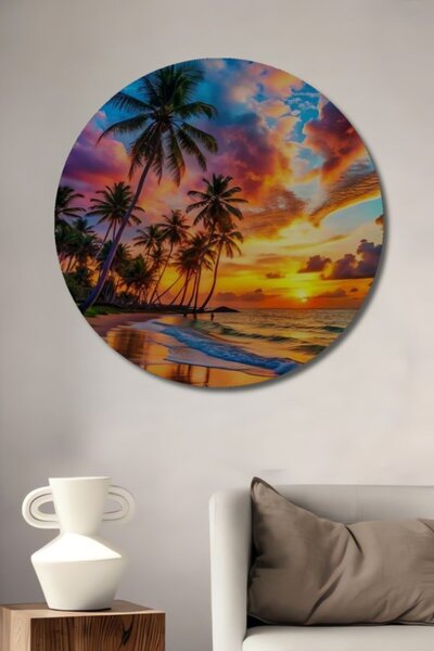 Teona Ahşap Στρογγυλό Ξύλινο Διακοσμητικό Τραπέζι με Ελαιογραφία Τροπικού Ηλι...