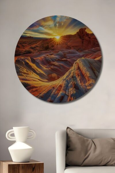 Teona Ahşap Στρογγυλό Ξύλινο Διακοσμητικό Τραπέζι με Ελαιογραφία σε Στυλ Ηλιο...