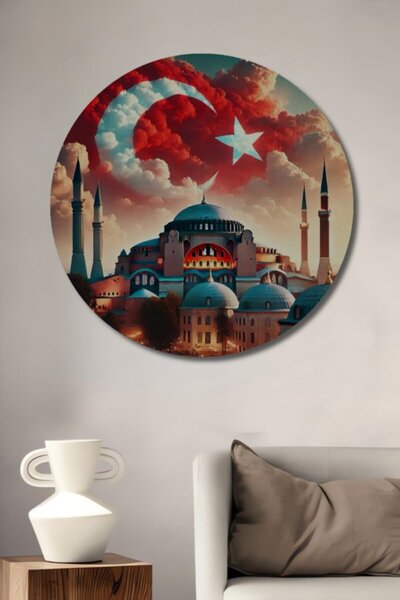 Teona Ahşap Στρογγυλό Ξύλινο Διακοσμητικό Τραπέζι με θέμα την Αγία Σοφία Τουρ...