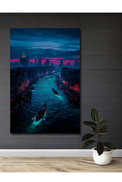 Teona Ahşap Νέον Ξύλινο Διακοσμητικό Τραπέζι με Ελαιογραφία Σχέδιο Γόνδολας σ...