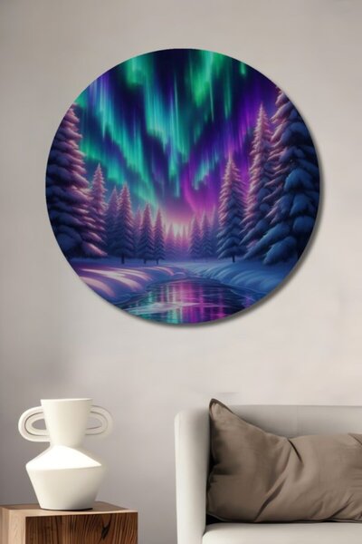 Teona Ahşap Στρογγυλό Ξύλινο Διακοσμητικό Τραπέζι με Ακουαρέλα Απομίμηση Βόρε...